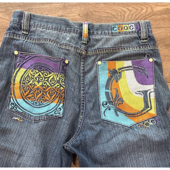 VTG Coogi Embroidered Jean Shorts Jorts Mens 36 Colorful Hip Hop Streetwear Y2K - Picture 1 of 15
